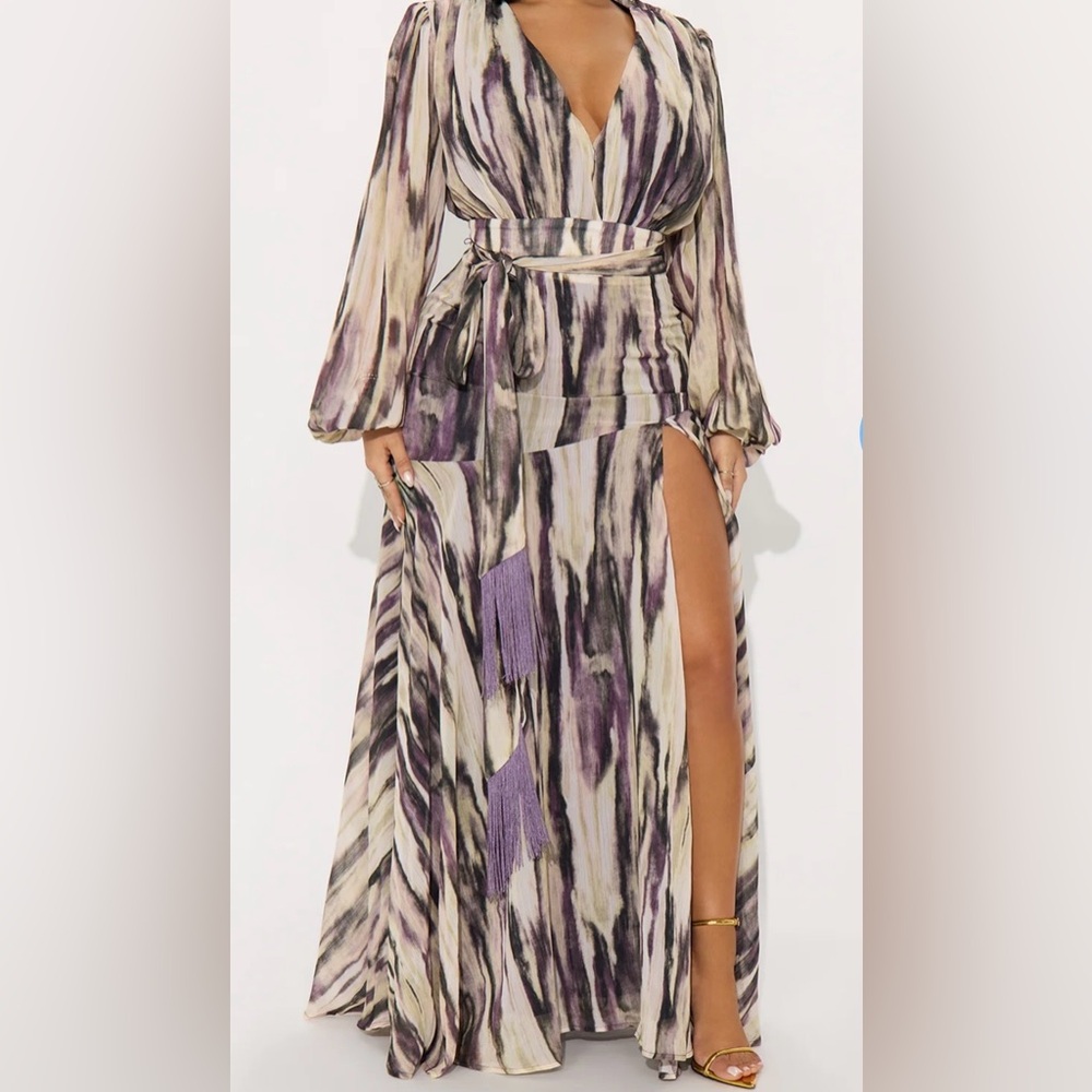 Fashion Nova Tan/Combo Chiffon Maxi Dress